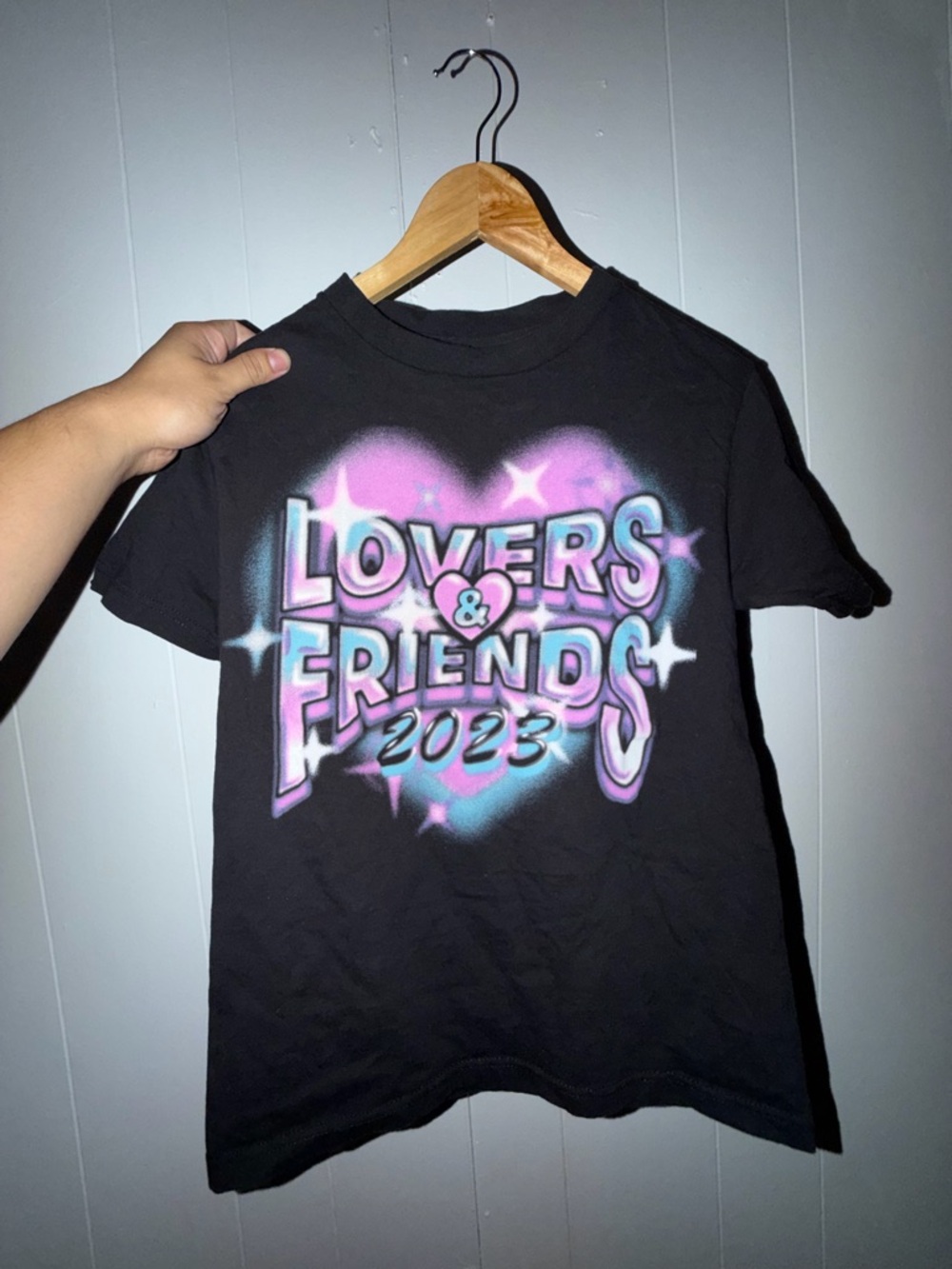 Lovers + Friends Black Tee with Pink and Blue Heart Graphic